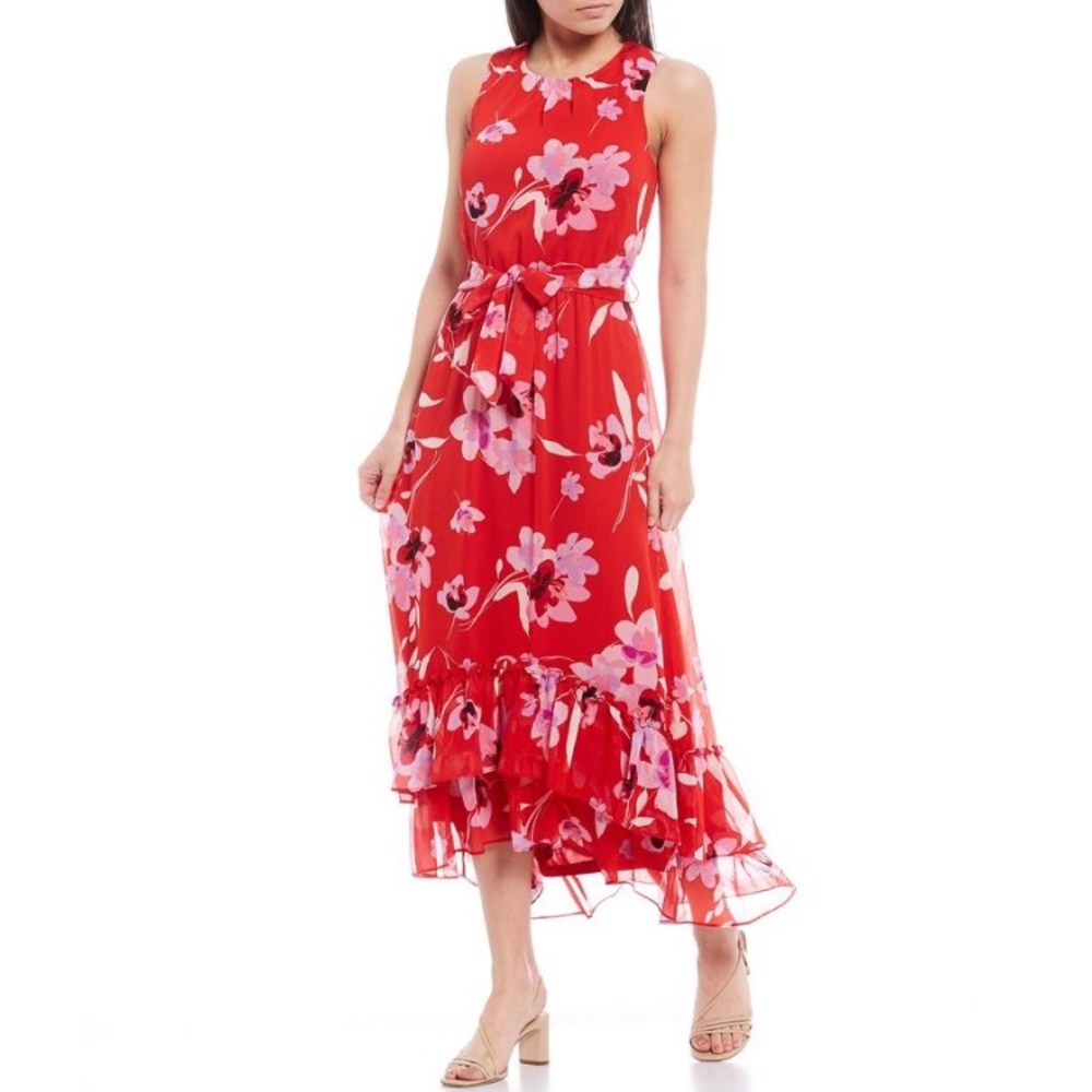Calvin Klein Red Floral Belted Ruffle Midi Dress